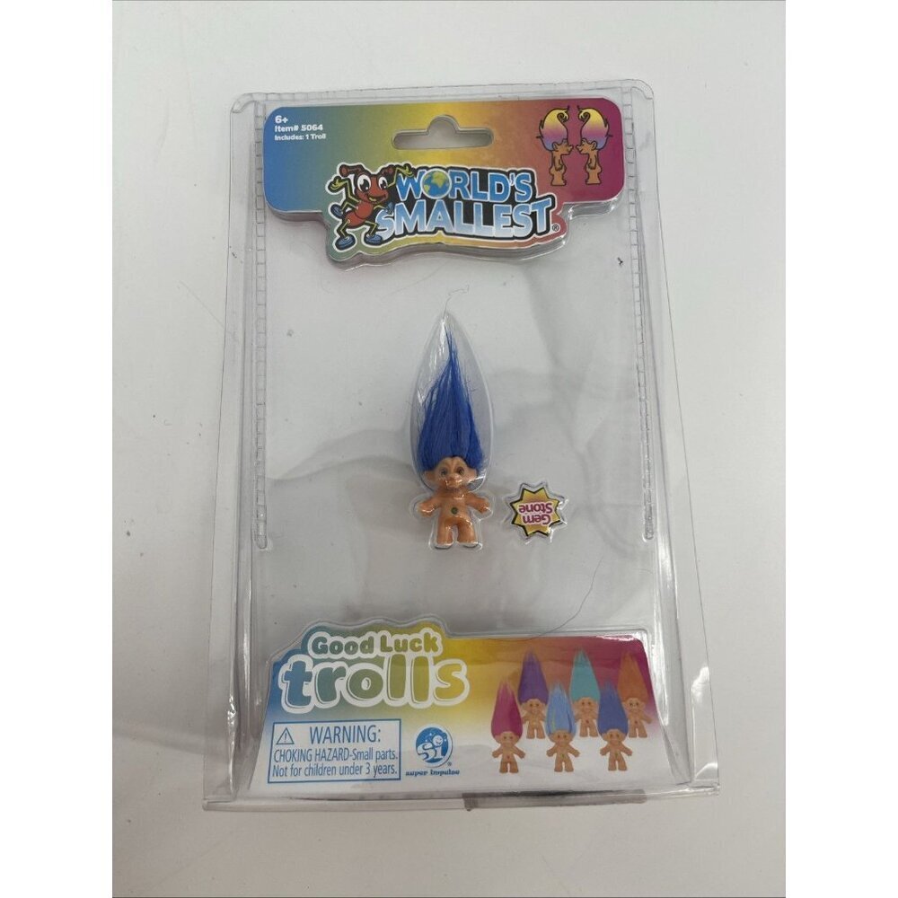 Rare! Hard To Find, Worlds Smallest BLUE Hair Good Luck Troll W/ Gemstone